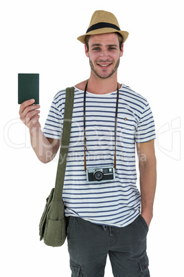 Smiling handsome man holding a leather wallet