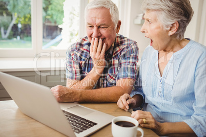 Surprised senior couple using laptop