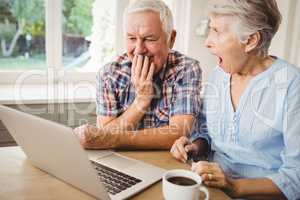 Surprised senior couple using laptop