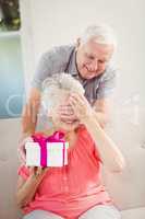 Senior man giving a surprise gift to senior woman