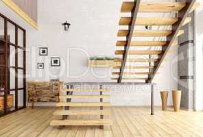 Modern interior with staircase 3d render
