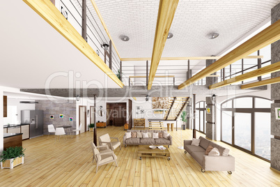 Loft apartment interior 3d render