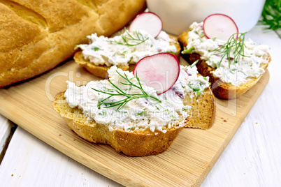 Bread with pate of curd and radish on table