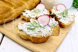 Bread with pate of curd and radish on table