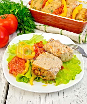 Cutlets of turkey with lettuce in plate on board