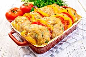 Cutlets of turkey with peppers in pan on board