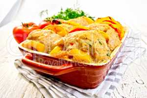 Cutlets of turkey with tomatoes in pan on board