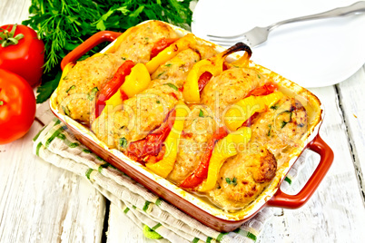Cutlets of turkey with tomatoes in pan on napkin
