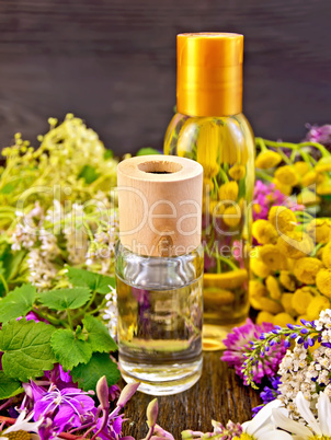 Oil and lotion with flowers on board