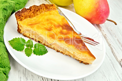 Pie pear with sour cream on board