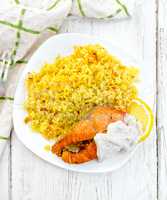 Salmon with rice on board top