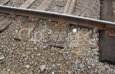 Rails on wooden cross ties, a fragment of a site of a railway track