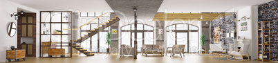 Panorama of loft apartment interior, living room 3d rendering