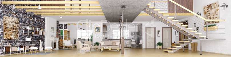 Panorama of loft apartment interior 3d rendering