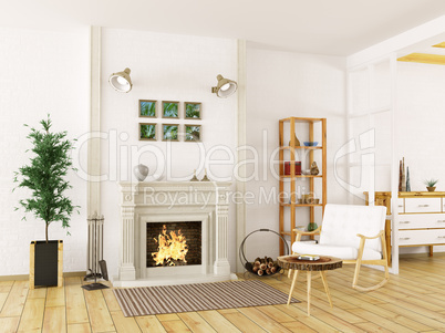 Interior of living room with fireplace 3d render