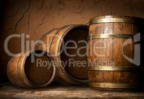 Three wooden barrels