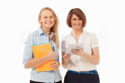 Two colleagues smiling at camera against of white background