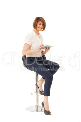 Elegant smiling woman holding tablet