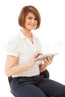 Beautiful smiling businesswoman holding pad