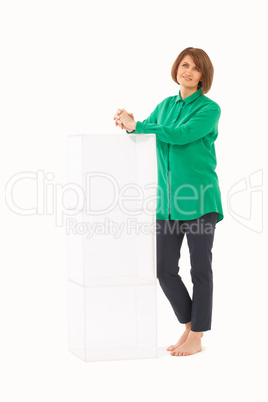 Adult woman near glass stand