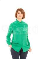 Portrait of adult woman in green blouse looking up