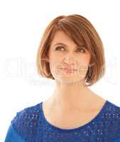 Portrait of beautiful adult woman looking up dreamingly