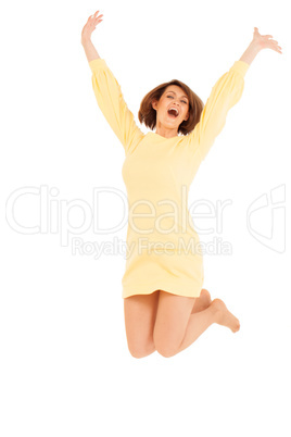 Smiling adult woman jumping with hands up