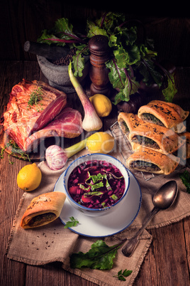 beet green soup with pastries