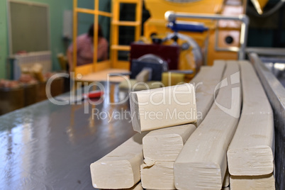 Pieces of soap on a conveyor belt
