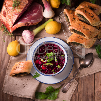 beet green soup with pastries