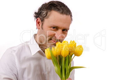 Man with yellow tulips