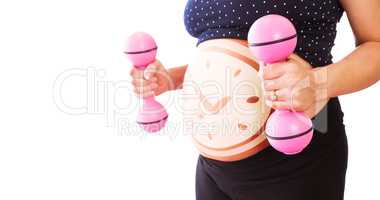 Composite image of midsection of pregnant woman lifting dumbbell