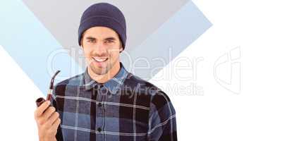 Composite image of portrait of hipster holding smoking pipe