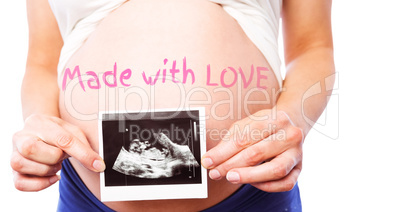 Composite image of pregnant woman showing ultrasound scans