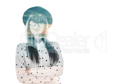 Composite image of portrait of a smiling hipster woman with arms
