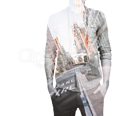 Composite image of hipster man holding digital camera