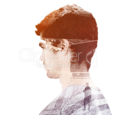 Composite image of side view of serious man