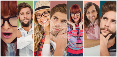 Composite image of smiling hipster woman holding her glasses