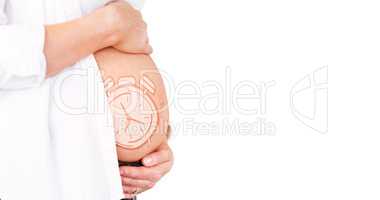 Composite image of midsection of pregnant woman holding belly