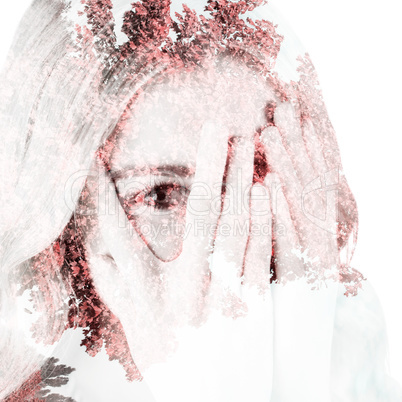 Composite image of beautiful blonde woman hiding behind hands