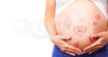 Composite image of pregnant woman holding her bump