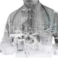 Composite image of mid section of man adjusting camera lens