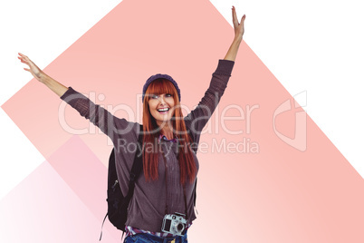 Composite image of smiling hipster woman with hands up
