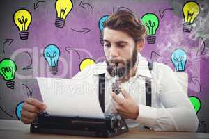 Composite image of hipster with smoking pipe working on typewrit