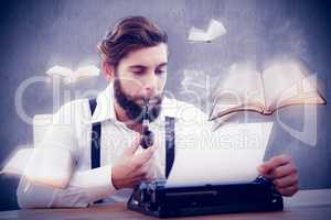 Composite image of hipster with smoking pipe working on typewrit