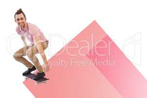Composite image of businessman smiling while skateboarding