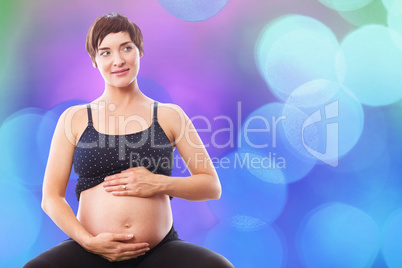 Composite image of thoughtful pregnant woman holding belly