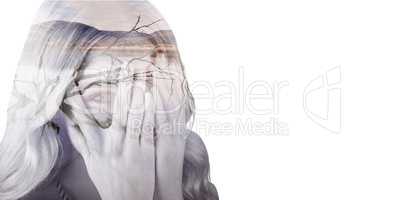 Composite image of beautiful blonde woman hiding behind hands