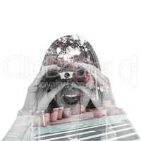Composite image of smiling hipster woman looking through binocul