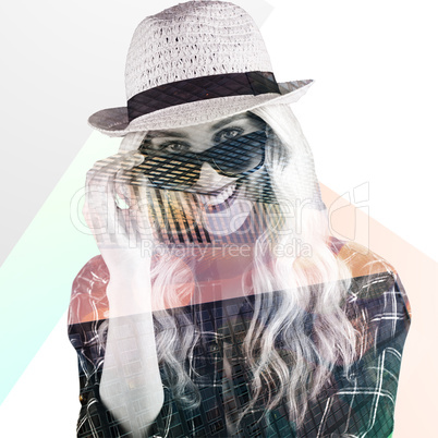 Composite image of gorgeous smiling blonde hipster posing with s